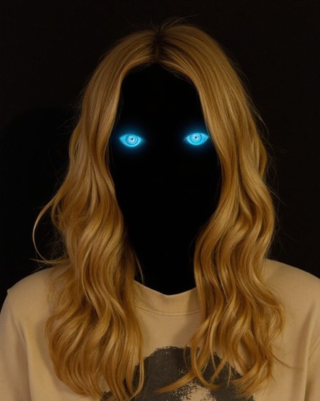 Kaos, This photograph features a person with a striking, otherworldly appearance. The subject has long, wavy, golden-blonde hair that cascades down their shoulders. Their face is a deep, dark shadow, almost black, with glowing, electric blue eyes that seem to emit an eerie, ethereal light. The eyes are the only part of the face that is illuminated, giving them a haunting, supernatural quality. 
The person is wearing a light beige or cream-colored sweatshirt with a graphic design on the front.