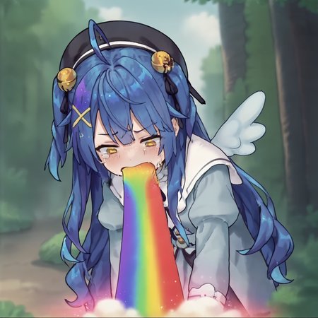 score_7_up, score_6_up, score_5_up, source_anime,
<lora:amamya.pony:1>, amamya,
<lora:Rainbow_vomit_meme-pony:0.8>, looking down, leaning forward, tears, disgust, rainbow, vomiting rainbows, vomit, outdoors, blue hair, black beret, wings,