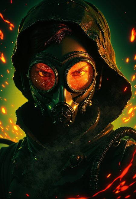 A futuristic warrior stares intensely through a sleek, high-tech gas mask with a golden visor that reflects neon lights. Her piercing eyes, filled with determination, cut through the distorted, glitchy haze that surrounds her, as vibrant red, green, and yellow chromatic aberrations ripple across the dark cyberpunk backdrop. The atmosphere is charged with electric energy, with floating embers of neon light flickering in the shadows. The composition is dynamic, the close-up perspective amplifying the intensity of her gaze, evoking a sense of mystery and tension in a dystopian digital world. <lora:Exogenous.safetensors:0.25>,  <lora:m100-style_v.02.safetensors:0.5>,  <lora:Aura_Flux-000010.safetensors:0.5>,  <lora:Sci-fi_env_flux.safetensors:0.5>,
