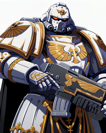 Anime Illustration, full body, Space Marine, white scars legion, portrait, standing. He is holding, aiming,  a bltgun bolter weapon. He is wearing a dead  white helmet, intricate dead  white armor, gold trimmings, cross detailing, tabard, torn cape, gauntlets, black fur, plate armor, dead  white full armor, panoply,  gothic architecture,  background, extremely detailed, absurdres, masterpiece, cel shading,
<lora:Astartes:0.8>  <lora:add-detail-xl:0.8>  <lora:Bad_Hands_lora:0.8>   <lora:Bolter_-_Warhammer_40000_SDXL:1>