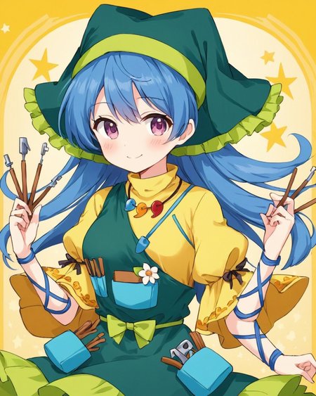 haniyasushin keiki,1girl, solo, yellow_dress, magatama_necklace, traditional_media, green_headwear, green_apron, smile, between_fingers, arm_ribbon, tools, single_strap, puffy_short_sleeves, closed_mouth, looking_at_viewer, yellow_background, flower, head_scarf, blush
<lora:haniyasushin_keiki_image1264_2023-12-20-000014:1>,star-shaped_pupils,symbol-shaped_pupils,. gorgeous,key visual, vibrant, studio anime,award-winning, professional, highly detailed,high budget, cinemascope