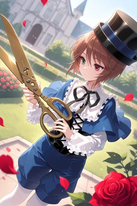 1girl, SouseisekiRozenMaiden, 
general, solo, dynamic angle,
eyelashes,
top hat, kodona,
frilled shirt collar, neck ribbon, blue capelet,
white shirt, long sleeves,
black corset,
blue shorts, white pantyhose, 
standing, looking at flowers, parted lips,
scissors, oversized object, 
outdoors, garden, rose, petals, depth of field,
<lora:kp_SouseisekiRozenMaidenIllustrious_v1_0:1.0>,
masterpiece, best quality, amazing quality