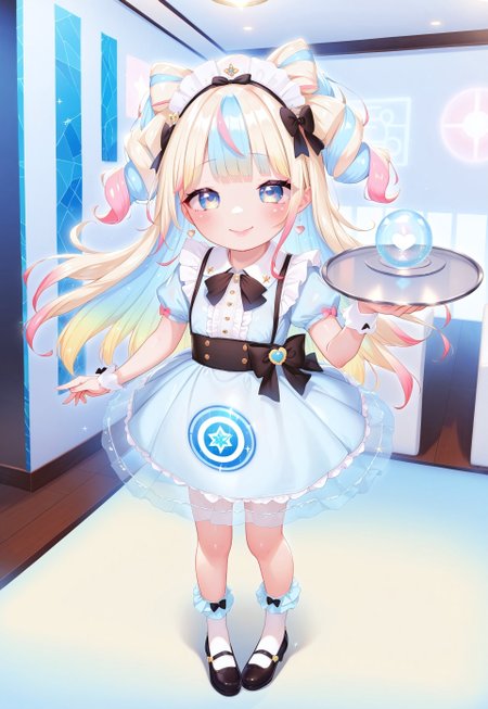 score_9, score_8_up, score_7_up, score_6_up, score_5_up, score_4_up, Henreader , 1girl, blue eyes, bangs, long hair, pastel hair, gradient hair, multicolored hair, masterpiece, best quality, absurdres,
(cute style, big eyes, bright pastel colors:1.3), standing, cute french maid wearing (pastel ruffled gleaming holographic:1.2) dress with lace maid gloves, soft lighting, Mary Janes shoes, short ruffled bobby socks, ruffles, glossy lipstick, blush, happy smile with half-closed eyes, ^_^, large bow, frills, serving tray,  inside rich mansion, detailed intricate background, sparkling hair, sparkling clothes, (shiny glossy holographic clothing, gleaming holographic fabric:1.1)