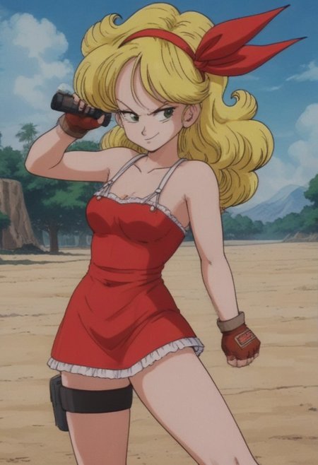 Outdoors, trees, blue sky, mountains, source_anime, source_cartoon, Thick outlines, 80s style anime filter, good angles
launch bad, smug face, blonde hair, long hair, curly hair, green eyes, red dress, red mini skirt, fierce look, fighting stance, pose
