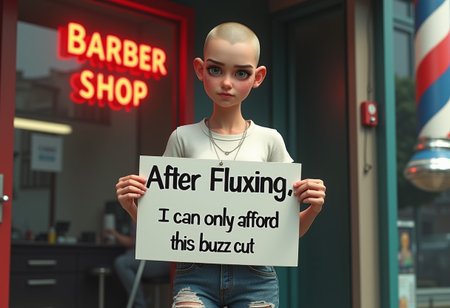 photorealistic, high detail, 1woman, very short hair, buzz cut, distressed look on her face, wearing ripped jeans and white t-shirt. Full body view. She is standing in front of a barber shop.  She is holding up a sign that says "After Fluxing, I can only afford this buzz cut."