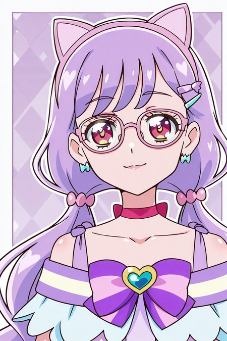 shiny skin, posing,
<lora:wonpri.il:1>,
wonpri,, (purple hair:1.2), very long hair, low pigtails,
red eyes, glasses, hairpin, cat headphones,  
hairpin,