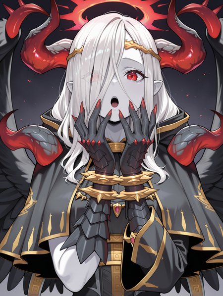 fallen angel, condemned darklord, 1girl, solo, open mouth, looking at viewer, red nails, upper body, hands up, white skin, red halo, gold circlet, black gloves, black feathered wings, black dress, black capelet, eyes visible through hair,
masterpiece,best quality,amazing quality,very aesthetic,absurdres,newest,<lora:Condemned Darklord illuXL v1.1:0.75>,