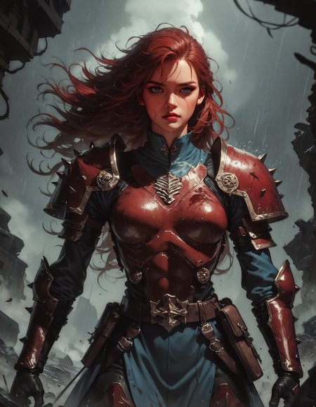 score_9, score_8_up, score_7_up, score_6_up, score_5_up, score_4_up,  1girl, ultra detailed, break, Stormy rainy skies ,  a ginger woman,highly detailed dark eyes looking at viewer, highly detailed wet face, female warrior, highlight long red hair, soaking wet hair, medium breasts, little_freckles, Facial skin soiled by battle, Blood splatter,  leather and worn scratched used wet metal armor,fur, sword belt, break, fighting stance, wind, cinematic lighting, realistic, dramatic light, break, Rain falls on the battlefield , dark_Smokes, fireflies,piles of dead corpses,  Medieval_battlefield_ravaged_by_war_background,   <lora:Kenva:0.8> knva,   <lora:Concept Art Twilight Style SDXL_LoRA_Pony Diffusion V6 XL:0.8> concept art,   <lora:Expressive_H-000001:0.8> expressiveh   <lora:sinfully_stylish_SDXL>
