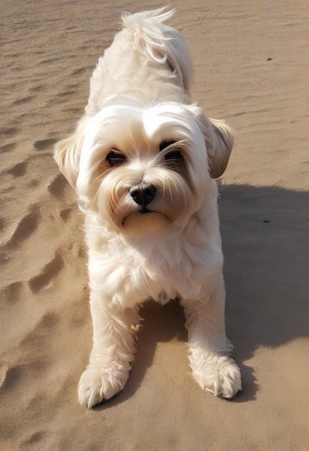 dog, maltipoo, pelly, pov, stretching hips in the beach, no humans, medium hair, serious, paying attention