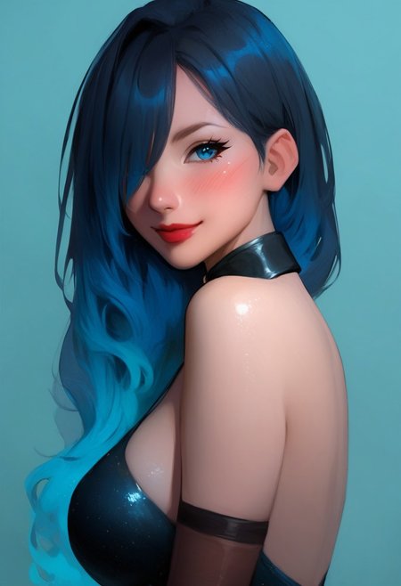 score_9, score_8_up, score_7_up, 
_z3d_,_zed_,_zed_ art style,
rating_safe, 
1girl, solo, long hair, breasts, looking at viewer, blush, smile, bangs, blue eyes, large breasts, black hair, closed dress, gloves, dress, bare shoulders, closed mouth, blue hair, upper body, multicolored hair, elbow gloves, hair over one eye, collar, lips, gradient hair, red lips,