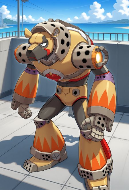 masterpiece,best quality,amazing quality, 1boy, solo, fl4m3, robot hyena boy,  outside,