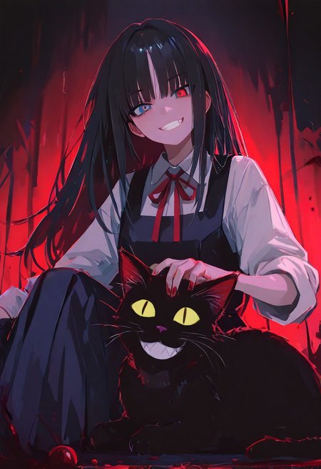 masterpiece, best quality, good quality, very awa, newest, highres, absurdres,
1girl, solo, long hair, looking at viewer, smile, blue eyes, shirt, black hair, red eyes, dress, ribbon, sitting, school uniform, teeth, grin, red ribbon, neck ribbon, blood, animal, sleeves rolled up, pinafore dress, dark, black cat, xxx667_illu,
glowing, <lora:illustriousXL_stabilizer_v1.23:0.3> <lora:NOOB_vp1_detailer_by_volnovik_v1:0.3> <lora:ponyv6_noobE11_2_adamW-000017:0.3> <lora:96YOTTEA-WAI:0.5> <lora:XXX667:0.5> <lora:HaradaTakehitoIXL_v3:0.8>