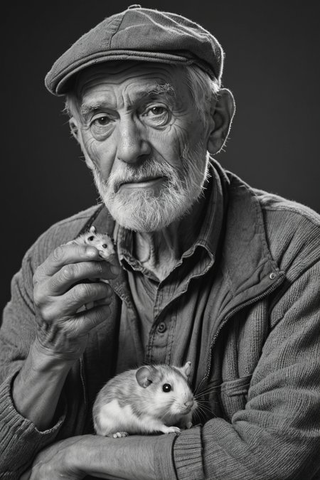 an old man holding a hamster,very detailed,monochrome