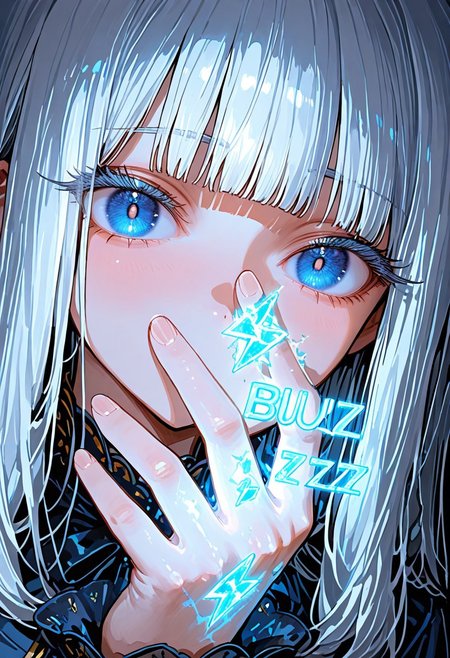 score_9,(masterpiece, best quality, dynamic angle),8k,1 girl,blunt bangs,white hair,(big eyes,wide open eyes),looking viewer,
(covered own face with one palm of one's hand from side:1.4),fingers spread,one eye visible between fingers,high detail perfect fingers,
BREAK

extreme close-up of girl's eye, detailed iris, dramatic reflectionsが, soft eyelashes, glowing colors,high detail,
(English text 'BUZZ PLS' on hand:1.5), Buzz2, blue buzz, holding blue buzz,