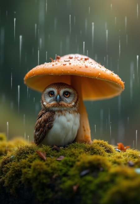 A photorealistic image with artistic enhancements captures a small, endearing owl sheltered beneath a vibrant, burnt-orange mushroom in the midst of a gentle rain shower, rendered in a style that merges Nature Photography, Whimsical Wildlife Art, and Bokeh Cinematography. The scene exudes a serene and slightly magical atmosphere, as the owl, with its soft brown and white mottled feathers, peers upward with a gentle, almost curious expression, seemingly content under its natural umbrella. The owl's feathers are delicately textured, each strand catching the soft, diffused light, which highlights their slightly damp appearance from the rain. The mushroom, with its smooth, glossy cap, stands tall and vibrant, its bright orange hue contrasting beautifully with the surrounding natural tones of green moss and soft brown feathers. The mushroom's cap curves gently, showing off its pale gills underneath, and provides just enough cover for the small owl, adding a whimsical touch to the composition. The rain, depicted as soft, vertical streaks, interacts with both the mushroom and the owl, creating tiny splashes and further enhancing the sense of a fresh, rainy forest scene. The ground, covered in lush, thick moss, ranges in color from deep forest green to lighter yellowish tones, with small leaves and twigs scattered throughout, adding detail and grounding the scene in a natural, earthy environment. The background, with its soft, blurred bokeh effect, shifts from dark greens and browns to lighter tones, creating depth and isolating the owl and mushroom, emphasizing their importance in the composition. The overall mood is peaceful and endearing, capturing a quiet moment in nature where even the smallest creatures find shelter and contentment amidst the elements.