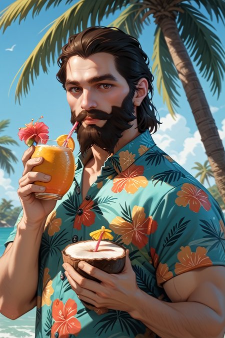 score_9, score_8_up, score_7_up,
<lora:DAIBlackwall:0.8>
DAIBlackwall, 1boy, brown eyes, black hair, beard, looking at viewer, wearing a Hawaiian shirt, smiling, holding a coconut drink, vibrant sunset, palm trees swaying in the breeze, tropical vibes