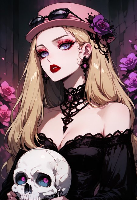 (masterpiece, best quality, good quality, very aesthetic, absurdres),    1girl, solo, eyelashes, (beautiful eyes),   zzSerena, solo, long hair, blue eyes, eyewear on headwear, pink headwear, eyelashes, dress, holding, cleavage, jewelry, purple eyes, collarbone, upper body, flower, earrings, parted lips, choker, off shoulder, black dress, wavy hair, black choker, lipstick, lace trim, skull, purple flower, off-shoulder dress, red lips, long hair, looking at viewer, blue eyes, blonde hair, bare shoulders, purple eyes, upper body, parted lips, off shoulder, black dress, black choker, off-shoulder dress, red lips, skeleton, (holding skull, red lips, kissing),<lora:GothRetroNAI:1.0>, <lora:SerenaPokemon_NAI:1.0>,