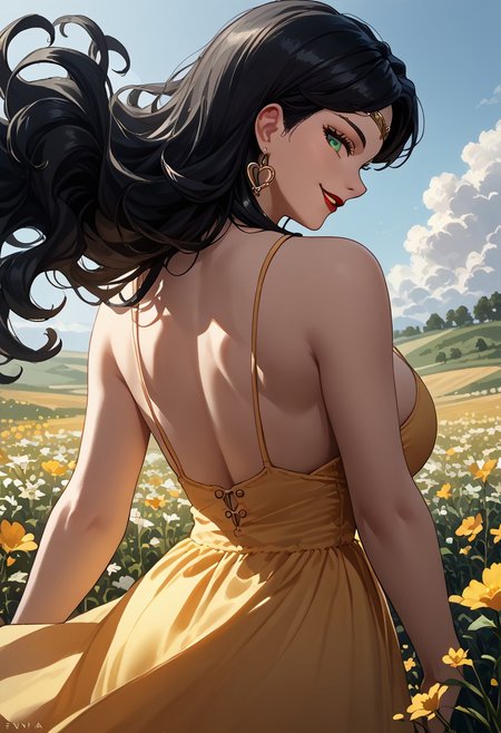 score_9, score_8_up, score_7_up,  1girl,  <lora:sonia-fe7-pdxl-v2:0.8>, fe7snia,  black hair,   wavy hair, long hair, circlet,  dangle earrings, red lips, (large breasts:1.6), smile,    <lora:Zumi_Pony_XL_Artstyle:1>, contrapposto,   from behind, solo, 1girl, looking back, yellow sundress, field, flowers, daytime, bare back, bedroom eyes, spaghetti strap