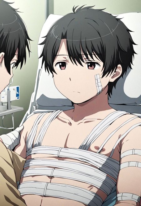 high resolution, solo, best quality, 1Boy, Inaho Kaizuka, Black Hair, bandage, patient, OverallDetail