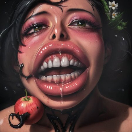 An award winning portrait photograph, a gorgeous busty bombshell brunette woman with teeth growing upon teeth and teeth kissing closeup, black ink facial tattoos, by Rembrandt, gravitational lensing, hoph fibration bundles distortion of features of transparent glass fruit, watermelon, apples, grapes, pears, figs, fern, flowers, flies, snakes, slugs, spiders, Leica M3, strobe flash, 3d stereoscopic color photograph, back lit, optical flow vector resolved Randomly,