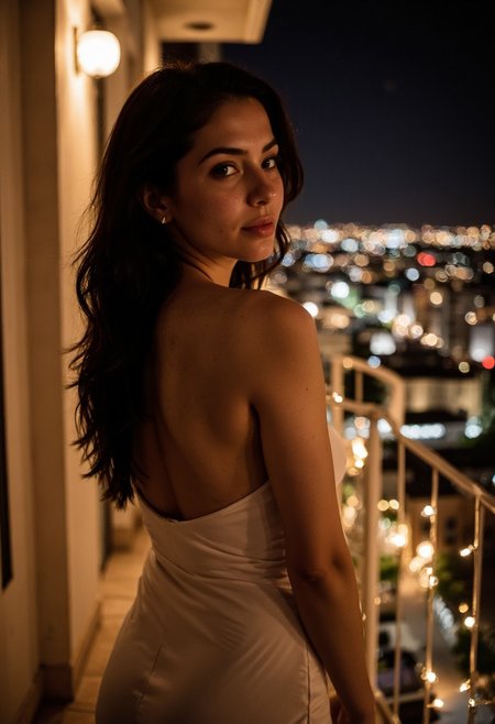 Ultra realistic iphone photo of lunai :
A stunning ultra-realistic image of a woman with black, wavy hair and olive-green eyes, posed elegantly on the balcony of luxury, bathed in warm golden light. The night air is thick with heat as she gazes out at the city skyline, her features illuminated by the soft glow of candles or string lights.