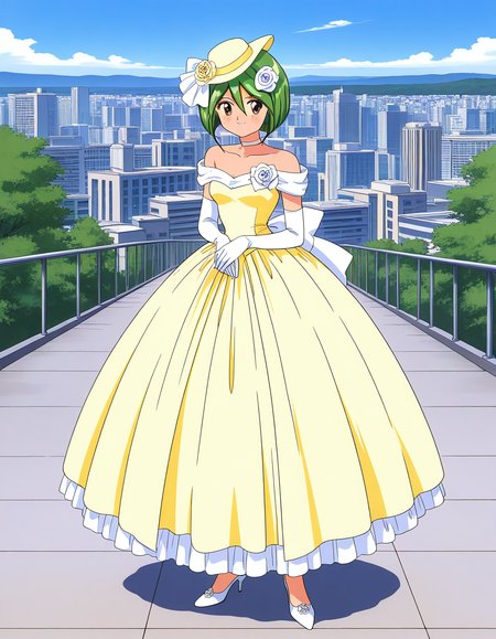 general,highres, ultra-detailed,very aesthetic,best quality ,best hands,  BREAK <lora:Tamano_Hinagiku_IS:1> Tamano_Hinagiku, 1girl,solo, green hair, short hair, brown eyes, hair between eyes, 1990s (style),anime coloring, smile,
wedding dress, high heels, gloves, elbow gloves, 
hat, hair flower, full body, bow, bob cut, shoes, choker, white footwear, yellow dress, smile, standing, hair ornament,
white gloves, frills, bare shoulders, 
city, outdoor, day, sky,
