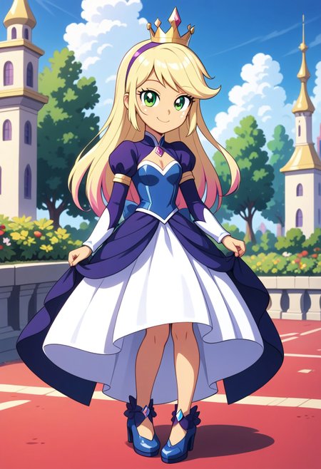 score_9, score_8_up, score_7_up, score_6_up, from My Little Pony Equestria Girls, a very young little human girl Applejack wearing a fit blue|sky|green|brown|darkpurple|red|yellow gradients colors short princess dress, elegant detailed princess shoes, solo, 1girl, little princess girl, gradient golden blond hair with crown hairband, smile, childhood, looking at viewer, glow detailed eyes, garden of canterlot, tul, chiffon, laces, semi realistic cartoon, unreal engine 5,  full body close-up, absurdres, digital art, soft light, perfect hands, perfect, hands, perfection, soft orange skin, green eyes, apples accesories and shoes, jewelery, tres chic,<lora:age_slider_v4:-4>,