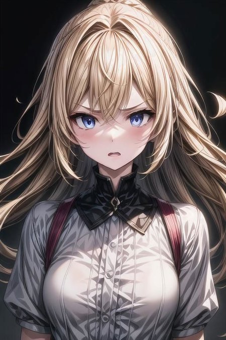 (masterpiece),
Luna,
1girl, blonde, floating hair,
white shirt,
 upper body shot, 
 HDR, highly detailed, 32k,
 black background, anger mood, 
perfect face feature,