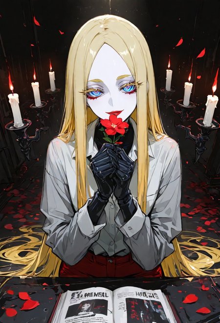 masterpiece, best quality, good quality, very awa, very aesthetic, absurdres, newest, candlelight, Cinematic Lighting, shiny hair, clear skin, ultra-detailed-eyes, detailed background, cute girl, solo, dynamic pose, eyelashes, erotic, petals falling, BREAK (sexy, slutty, hot, aroused), flirting:1.8, Automaton, colored skin, robot girl, robot joints, very long hair, blonde hair, blue eyes, ringed eyes, black_metal_skin, Automaton body vaguely reminiscent of the cyborg style from 'Blame!'. 
gray sleeves loose office shirt, red_hotpants,
Her human head, with pale skin, looks directly at the viewer, expressing slutty. Striking makeup, and red lipstick enhance her appearance. Thick blonde eyebrows and eyelashes frame her eyes.
she holding flowers, cyberpunk cafe background,
A bold, high-contrast noir-style illustration,
the style is reminiscent of a comic book or graphic novel, with bold lines and a glossy, 
glitch, xxx667_illu, glowing,