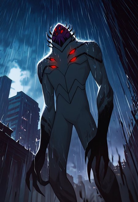 masterpiece, best quality, amazing quality, very aesthetic, absurdres, newest,, detailed background, 
highbreed, extra eyes, solo, alien, white skin, purple face, , monster, red eyes, black hands, , claws, black head spikes, white body,
night time, above building, looking from, from below, horror scene, sky, raining, glowing eyes, heavy rain, horror scene, cinematic,
