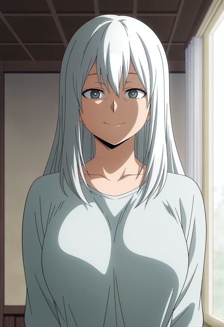 1girl,solo,mm,mature female,white hair,long hair,grey eyes,anime coloring,
shirt,upper body, looking at viewer, smile,indoors
,masterpiece,best quality,amazing quality,<lora:Rei_Todoroki-My_Hero_Academia:0.8>