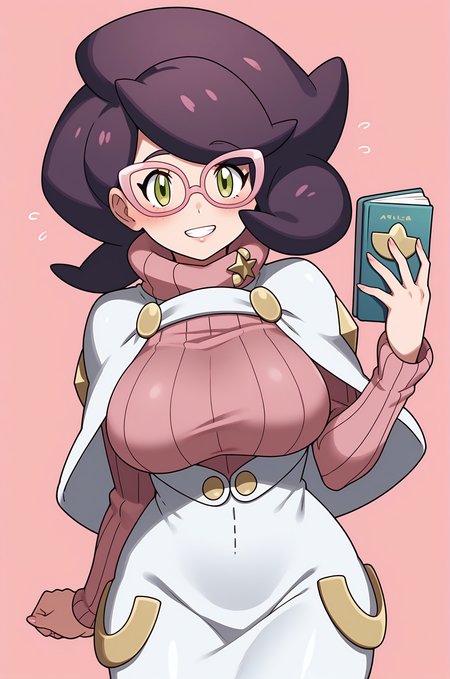 score_9, score_8_up, score_7_up, source anime, anime, animification, anime screencap, anime coloring, vivid colors, shiny skin, skindentation, deep skin, depth of field, high quality, highres, (dynamic angle,dynamic pose)
wicke \(pokemon\), 1girl, solo, looking at viewer, blush, short hair, skirt, large breasts, long sleeves, holding, green eyes, purple hair, pantyhose, glasses, teeth, hand up, star (symbol), sweater, book, capelet, turtleneck, flying sweatdrops, pink background, white skirt, ribbed sweater, holding book, turtleneck sweater, big hair, pink sweater, pink-framed eyewear
BREAK
masterpiece,high quality
 <lora:Wicke_PokemonPony:0.9>