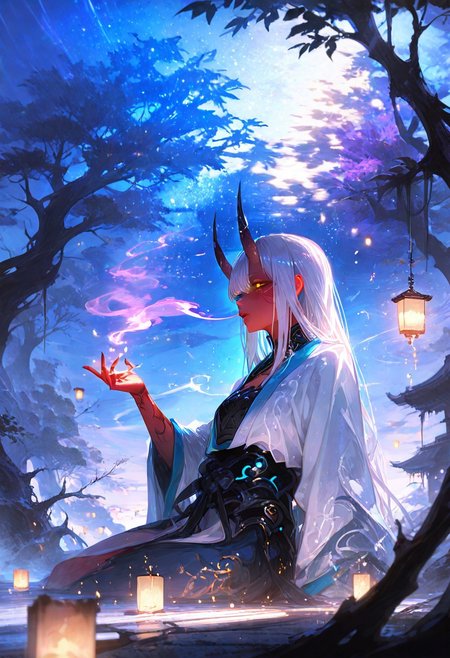 masterpiece, best quality, hyper-realistic, ultra-HD, intricate textures, luminous lighting, cinematic ambiance, shimmering gradients, ethereal glow, deep contrast, soft volumetric fog, subtle particles, radiant reflections, rich color tones, seductive atmosphere, captivating sensuality, Cinematic Lighting,Shadow,backlit, 
BREAK
plump glossy lips, flushed cheeks, alluring expression,
BREAK
raytracing, volumetric lighting, ambient occlusion, intricate cinematic background,intimate and seductive, crafted to captivate and seduce.
BREAK
(sexy, slutty, hot, aroused) (flirting:2.0), 
Aka-Oni, oni, colored skin, red skin, straight horns, long hair, white hair, detail eyes, glowing eyes, golden eyes, hanfu, cherry blossom, blue sky, starry, Milky Way, night time,
(Sexy lips), 
In the heart of a mystical forest, a lone sentinel stands watchful beneath the boughs of an ancient, gnarled tree. The humanoid robot, forged from dark metallic hues and glowing blue accents, sits with an air of quiet contemplation, its head tilted back to marvel at the celestial ballet unfolding above. Fireflies, like tiny lanterns, dance across the twilight sky, their soft luminescence casting an ethereal glow upon the surrounding foliage. As the last rays of sunlight fade, the ambient light shifts, embracing a palette of deep blues and purples, imbuing the atmosphere, hand up, reaching sky,