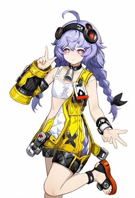 score_9, score_8_up, score_7_up, score_6_up, score_5_up, score_4_up, source_anime, solo, 1girl, 
mhk,shorts yellow, bright pupils, twintails, black bow, bare shoulders, headphones, white pupils, +_+, pink eyes, wristband, flip-flops, id card, black choker,  light purple hair, sports bra, sleeveless, white tank top, ,  low twintails hair ribbon,, red eyes, toeless footwear, arm warmers, multicolored eyes, neck bell, headset, overalls, jacket, hairband, single braid, black hairband, 
masterpiece, best quality, very aesthetic, absurdres,
