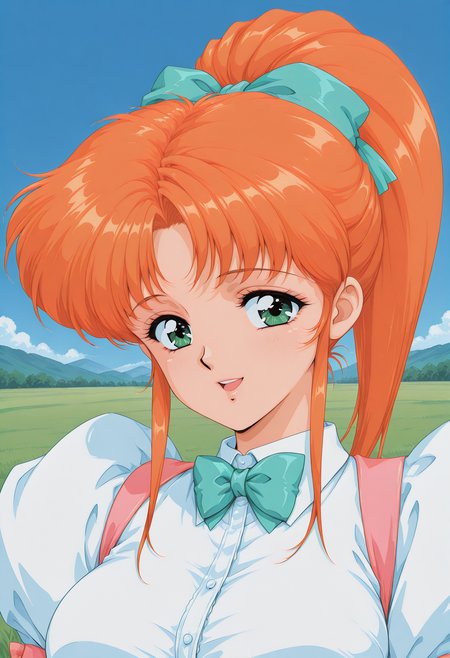 fr_fukawa_miku, retro artstyle, green eyes, orange hair, long hair, ponytail, hair ribbon, green ribbon, green bowtie, short sleeves, waitress, t, <lora:fr_fukawa_miku_illustrious_ver2:0.8> 
smile,, 1girl, solo, blue sky, (grasslands:1.2), looking at viewer,, masterpiece, best quality, sensitive,, (upper body:1.2), (close-up:1.2), (facing viewer:1.2), (open eyes:1.4), (portrait:1.2)