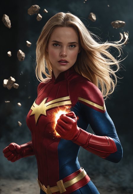 masterpiece, photorealistic,1girl,Captain Marvel, punching, explosive punch, shatter, dramatic lighting, dark, foreboding
