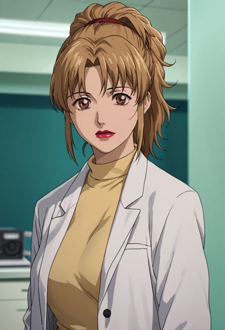 source_anime, D4RK3RTH4NBL4CK, DTB_Style,((score_9)),score_8_up,score_7_up,score_6_up,score_5_up,score_4_up, retro_artstyle, anime style, 1boy, ishizaki_kanami, (brown hair:1.2, blonde hair), ponytail sidelock, bangs, brown eyes, red lips, large breasts, labcoat, looking at viewer, facing viewer, masterpiece, best quality, highres, best illumination, depth of field, Artist style:komori_takahiro