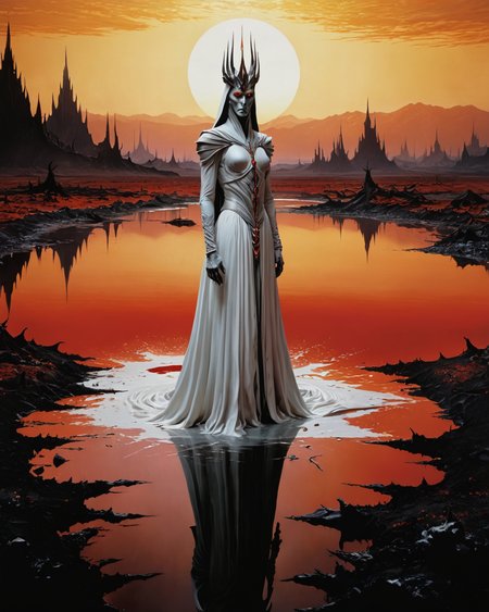 (Sauron clad in white:1.9), water, reflections, transparency, provoking, vivid color, Mordor: A dark and evil land, horror, Ernst Haas, blood red, golden hour, <lora:add-detail-xl:1>, <lora:xl_more_art-full_v1:0.8> <lora:artiangel:1.8> artiangel
