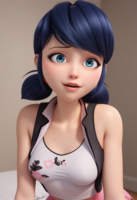 , score_9, score_8_up, score_7_up, score_6_up, score_5_up, score_4_up, 1girl, marinette dupain-cheng, Marinette from miraculous ladybug,breasts, blue eyes, breasts, medium breasts, source_cartoon, 2D,  Marinette from miraculous ladybug,  marinette dupain-cheng, blue hair, two ponytails, face, detailed eyes, bright blue eyes, (petite body), (athletic tummy:0.8), (huge breast:0.8), giant boobs, crop top, facing viewer,  bent forward,  short skirt, 
(sexy pose:1.4), (teasing:1.4), 
1girl, solo, erotic aesthetics, unique angle, detailed background, semi realistic, source_cartoon, modern