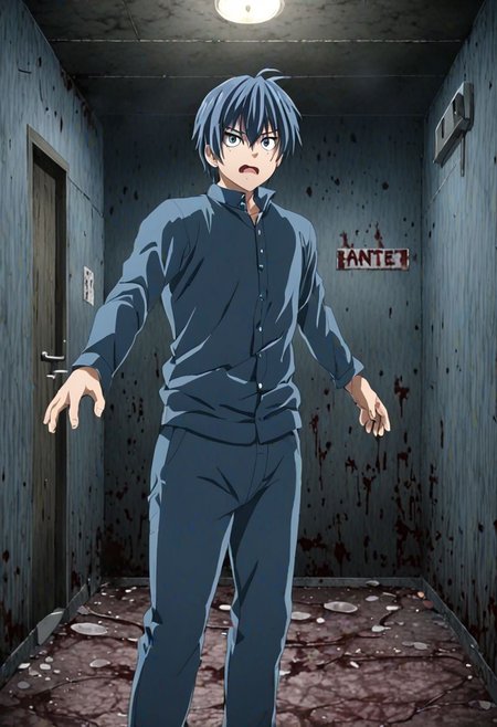 high resolution, solo, best quality, 1Boy, Tomoya Okazaki, Grey Blue Hair, guts's test, haunted place, OverallDetail