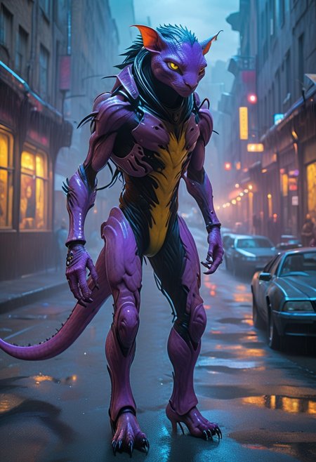 score_9, score_8_up, score_9_up, SilverPulse, Fantasy Creature, punk hair, lizard, cat, alien girl, feminime, female, 1girl, four arms, Avatar navi alien with purple skin, bal, big eyes, medium breast, red trench coat, running on the top of train, yellow train, cyberpunk city, night, neon light, rainy,  dynamic view, dynamic pose, super wide angle shot, extreme perspective,