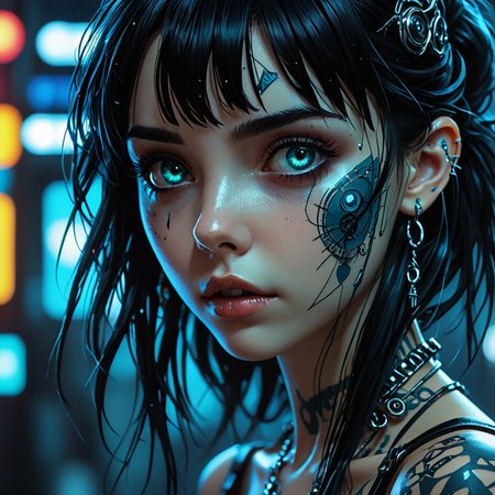 manga style, hyper-detailed close-up of a girl's face, forced angle, cyberpunk style, (Mindful Machine Art style, Tim Burton, corpse bride), geometric tattoos, bright colors, shine, reflections, very high contrast, side lighting, of course dark, straight black hair, medium long hair, bangs, piercing, blue tones, gloomy atmosphere, shadows on the face, background with neon structures, hyper-realistic, 3D rendering, 4K