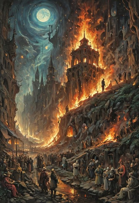 Group of Persian men amidst.  in “The Garden of Earthly Delights” art Hieronymus Bosch. akin to the style of  Giovanni Battista Piranesi, with the proportional intricacy of Moebius. The scene is  a chaotic street protest in the town Alicante filled with tension and unrest, as flames from an explosion illuminate the night sky,  Include elements of various electrodomestic, vehicles and drones, devices in the scene. This artwork should convey the complexity and depth of the decline of technology and its influence on modern society. 8k resolution. Chiaroscuro Lighting Style, hud_m4x_4bstr4ct_styl, colorful, abstract,