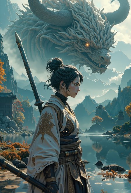 Anime style, elden ring style, d4arks0uls, A highly detailed analog photograph reminiscent of classic Japanese aesthetics capturing a young a female yÅkai psi warrior with a fair complexion from just above the knees as she gazes to the side in a serene, fantasy landscape. She is dressed in a traditional, flowing white Japanese kimono with intricate, golden, embroidered patterns, which is partially wrapped around her waist with a brown sash. The kimono's fabric appears soft and flowing, with delicate patterns that reflect light subtly. Her hair is dark, styled in an elegant updo with a few loose strands framing her face. She has a long, ornate sword strapped to her back, and a long, ornate staff in her hand in the foreground. Her expression is calm and contemplative, as she gazes into the distance.  Looming over the scene is a massive, mythical, majestic, white dragon with glowing orange eyes, its enormous head and long neck casting a shadow over the woman. The dragon is intricate, with textured and detailed scales, a long snout, and sharp teeth, giving it a lifelike appearance. Its eyes glow with a piercing light, adding an air of mysticism and power to the composition. The dragon's presence looms over the woman, suggesting a connection or symbiosis between them.    The landscape around them is a tranquil, mountainous setting with lush greenery and autumnal trees, their leaves in hues of orange and yellow. A serene, reflective lake occupies the foreground, bordered by rocks and a small wooden Japanese building on its shore. The sky is a soft blue and overcast with a soft, diffused light that casts a gentle glow over the scene, with wispy clouds, and the distant mountains are shrouded in mist, adding to the mystical atmosphere. The overall style is a blend of fantasy and realism, with meticulous attention to detail and a color palette that is a harmonious blend of cool blues, greens, and warm autumnal tones, creating a peaceful yet enchanting scene. <lora:flux\artstyle\manga_anime\MJanime_Flux_LoRa_v3_Final.safetensors:0.8>,  <lora:flux\artstyle\game\Elden_Ring_Style.safetensors:0.4>, <lora:flux\artstyle\game\Dark_Souls_Flux.safetensors:0.25>, <lora:flux\detail\MysticFantasy_detailer.safetensors:0.35>, <lora:flux\turbos\FLUX.1-Turbo-Alpha.safetensors:1.0>,
