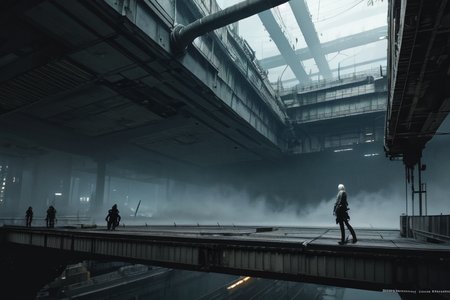 highly insanely detailed, masterpiece, top quality, best quality, highres, 4k, 8k, RAW photo, (very aesthetic, beautiful and aesthetic),  
tsutomu nihei,nihei_tsutomu,blame!,blame gakuen!,abara,TNstyle,sidonia_no_kishi,drainpipe,cables,tubes,industrial pipes,bridge,walkway,toha heavy industries,tentacles,machinery,buildings,bones,letterboxed,smoke,foggy,fog,steam,dome,gauna,gauna mech,concrete walls,metal walls,star \(sky\),starry sky,clouds,air conditioner,cyberpunk,dystopia,destroyed, 
<lora:blameLora_v10:0.7>, 
(1girl:1.3), 
solo focus, 
above clouds,Scenery,âââ