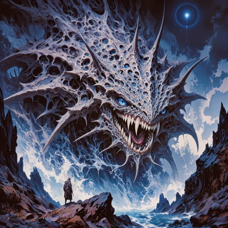 creature focus, hyper-realistic, photo-realistic, very aesthetic, amazing and otherworldly scenery on a distant planet, extremely detailed, ultra high resolution, famous artwork inspired by anthony s. waters and brian froud and jim pavelec and jules breton, dramatic scene, fractal art, , dynamic angle, this image shows the fearsome bizarre creature known as the "prickly spitscruffler" as it blunderworbles from the florbyflunked depths of a churning, otherworldly glowing sea under a dramatic tempestuous sky, it is surrounded by the typical jagged fractal crystal formations on the derpsurilized shore of the water-rich planet "vargball iii", superstitious life forms call it "the bringer of lost keys", dappled lighting, golden ratio, the color palette is predominantly peacock blue and light beige and plum purple and ebony black, ovg, in the style of ckpf, amanoer, <lora:style-painterly_fantasy-flux-by_chronoknight:0.84> <lora:style-retro_anime-flux-by_lizardman245:0.28> <lora:style-yoshitaka_amano-elden_ring-flux-by_alicient:0.72> <lora:image_enhancer-flux-by_dever:0.68>