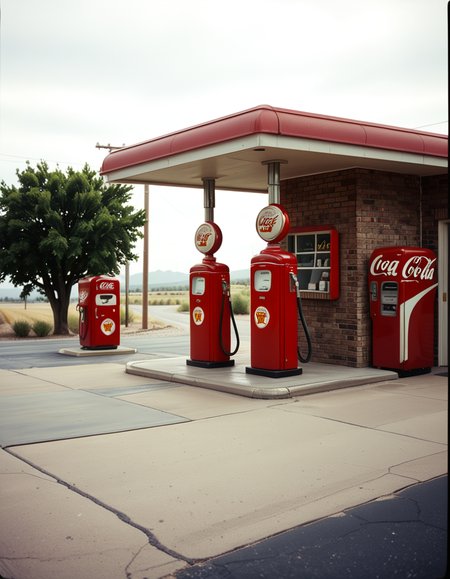 A realistic vintage photograph of a 1950s American gas station with no people present. The small brick building has a flat roof with a wide canopy extending over two classic red gas pumps from the 1950s, featuring chrome details, round meters, spiral hoses, and retro branding like "Texaco" or "Shell".The ground is old concrete with cracks and oil stains. Beside the station, there's a vintage Coca-Cola vending machine and a hand-painted wall sign that reads âDrive Safely!â. The sky is lightly overcast, casting soft shadows and a nostalgic mood. In the background, leafy trees, distant low hills, and an empty country road stretch into the distance. The photo has a slightly faded, desaturated color palette with warm vintage tones and a subtle grain, mimicking the look of 1950s Kodak film photography. The overall atmosphere is calm, quiet, and deeply nostalgic.
<lora:SDXLFaeTastic2400:0.4> <lora:extremely_detailed:0.4> extremely detailed, <lora:1950s_American_gas_st4t10n:1>,1950s American gas st4t10n, Masterpiece,best quality,hi res,8k,hi res,8k,award winning,(sharp focus, intricate, highly detailed),
