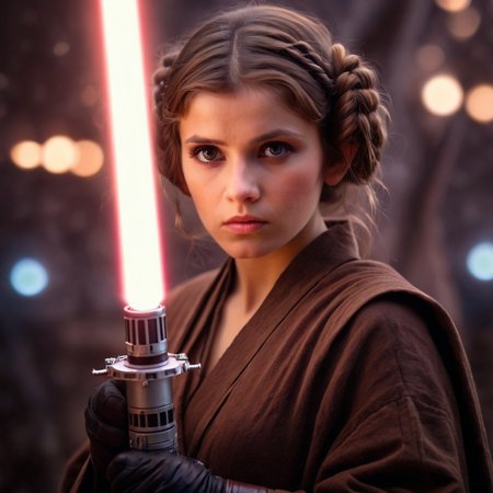 Star Wars prises Leia, (delicate face, beautiful eyes, natural, eye contact) ((with the young Anakin Skywalker holding his light sabre)), by her side, (Han Solo, holding his laser gun) on the planet andor, shallow depth of field, vignette, highly detailed, high budget Hollywood film, bokeh, cinemascope, moody, epic, gorgeous, film grain, Canon EOS R,Canon RF 85mm F1.2L USM, ISO 100