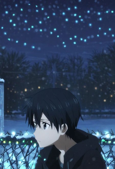 high resolution, solo, best quality, 1Boy, Kazuto Kirigaya, Black Hair, Black Eyes, winter, Northern Lights, Stargazing, OverallDetail