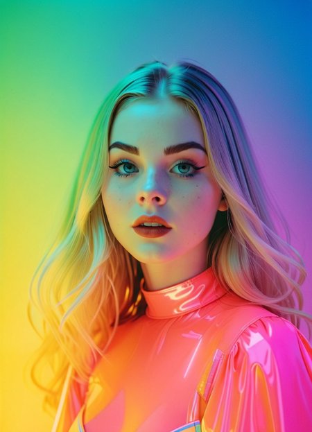 vaporwave style ombre color scheme of neon pink, blue, orange, yellow, green and white, anime artwork, grand photograph, Polaroid, surprised 24-year-old girl, glowing hair, canon 5d mark 4, neon light, kodak ektar, feminate and alluring, pastel colors, curved lines, elaborate detail, art by jc leyendecker . retro aesthetic, cyberpunk, vibrant, neon colors, ((vintage 80s and 90s dress styles)), highly detailed  <lora:P3NGU1Nstyle_epoch_6:0.6>   <lora:ip-adapter-faceid_sdxl_lora:1> <lora:add-detail-xl:1> <lora:MJ52:0.3> <lora:ral-exposure:0.45> ral-exposure